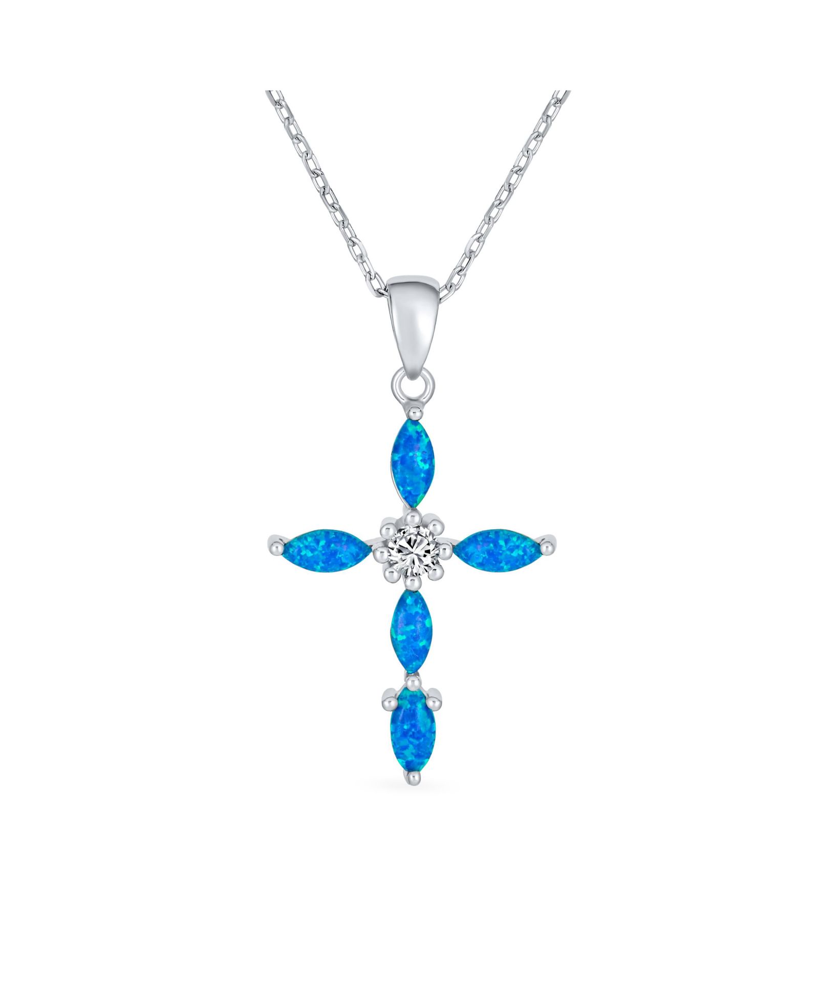 Bling Jewelry Gemstone Created Blue Opal  CZ Cross Pendant Necklace .925 Sterling Silver