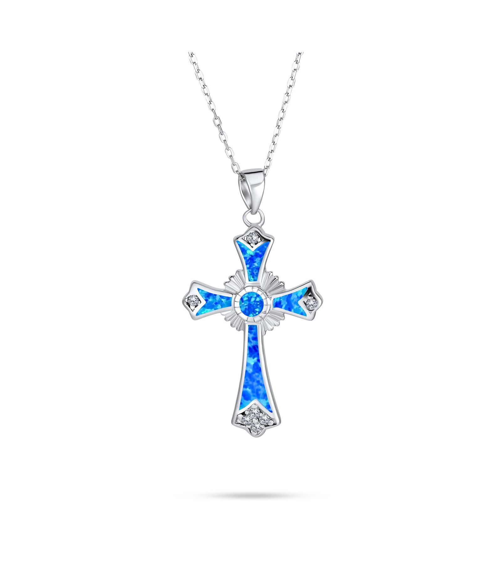 Bling Jewelry Religious White Created Opal Cross Pendant Necklace .925 Sterling Silver