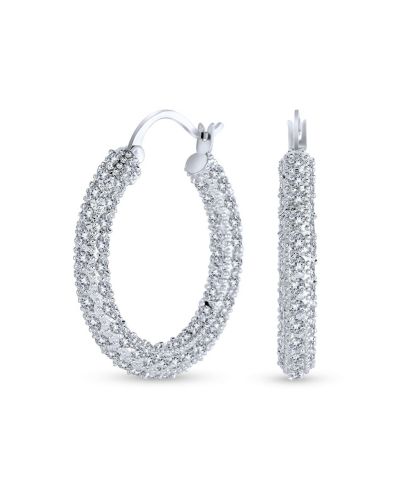 Bling Jewelry Elegant Cocktail CZ Encrusted Statement Hoop Earrings 1.3" Silver Plated