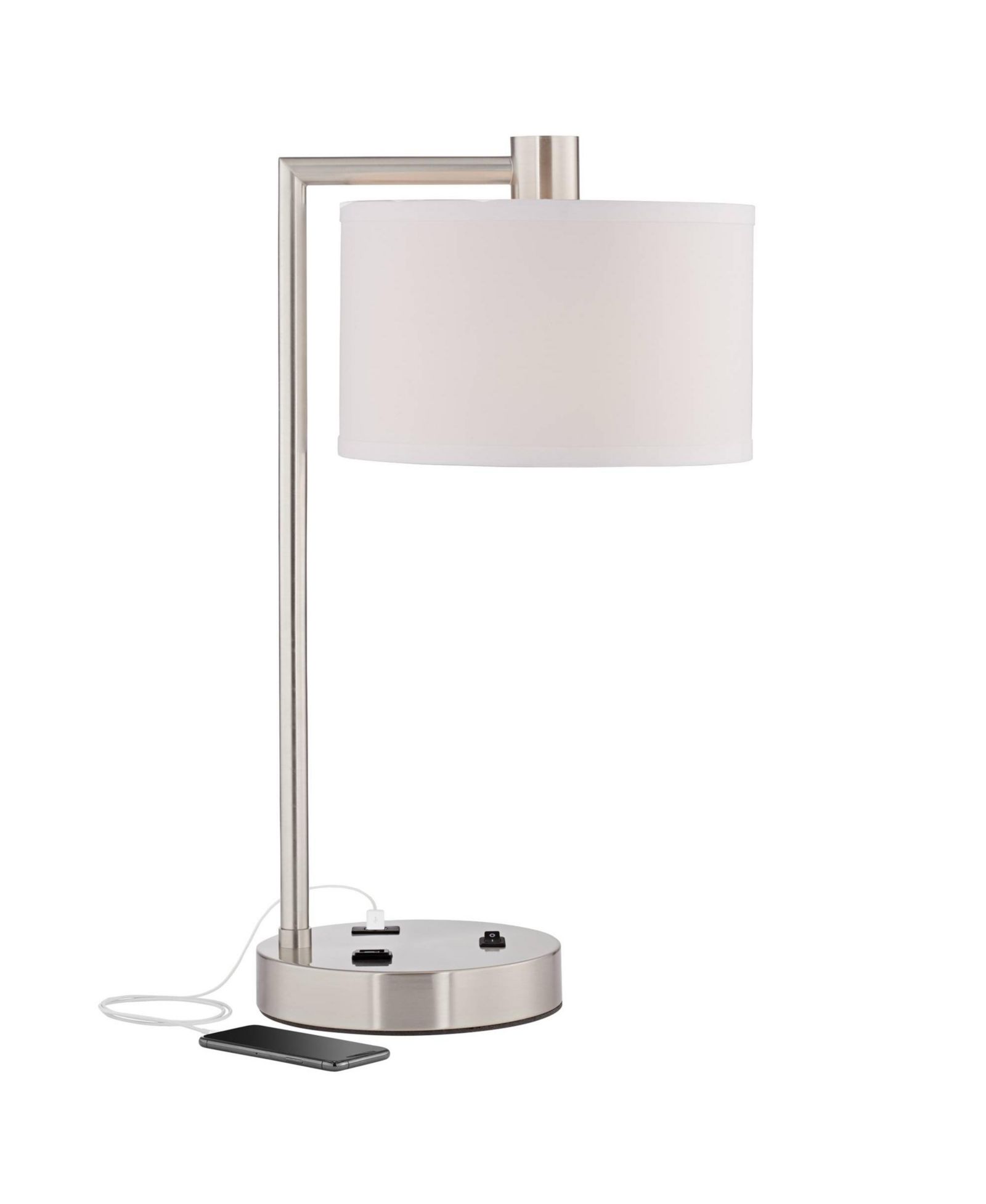 360 Lighting настольная лампа Colby Modern, 21" High Brushed Nickel с USB и розеткой, абажур Linen Drum