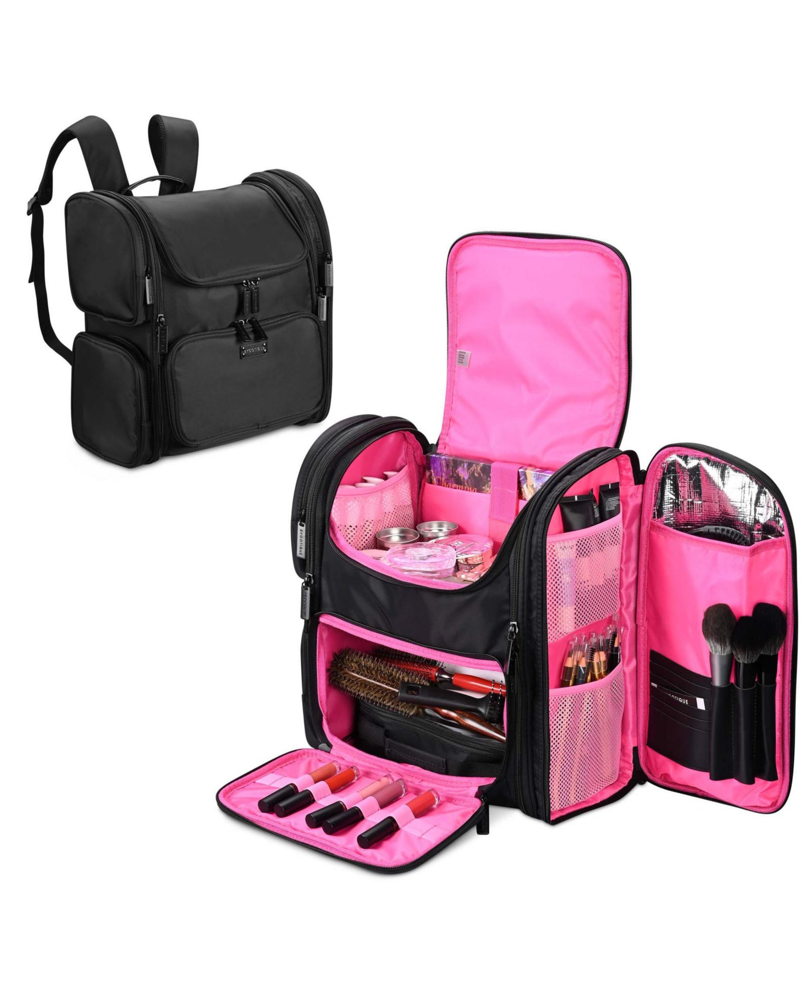 Byootique Soft Sided Makeup Backpack Portable Travel Barber Cosmetic Storage Organizer Travel with Heat Isolation Side Pocket Removable Pouch for Makeup Artist Hairstylist, Pink