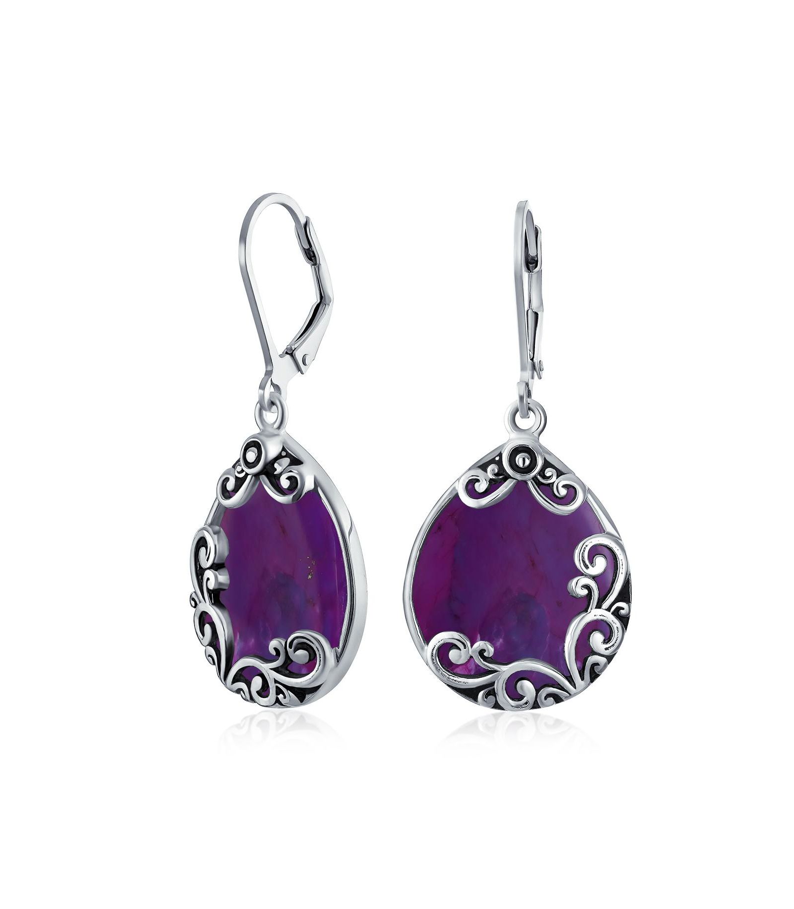 Bling Jewelry Western Style Teardrop Black Onyx Scroll Dangle Earrings Sterling Silver