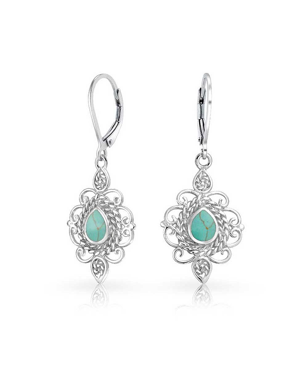 Серьги Bling Jewelry Sterling Silver Vintage Style Filigree Teardrop Turquoise Dangle