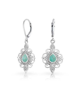 Bling Jewelry Vintage Style Filigree Turquoise Dangle Earrings Lever Back Sterling Silver