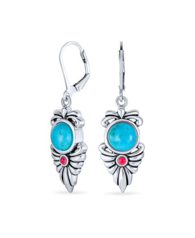 Bling Jewelry Natural Stabilized Turquoise & Carnelian Dangle Earrings 7g .925 Sterling Silver