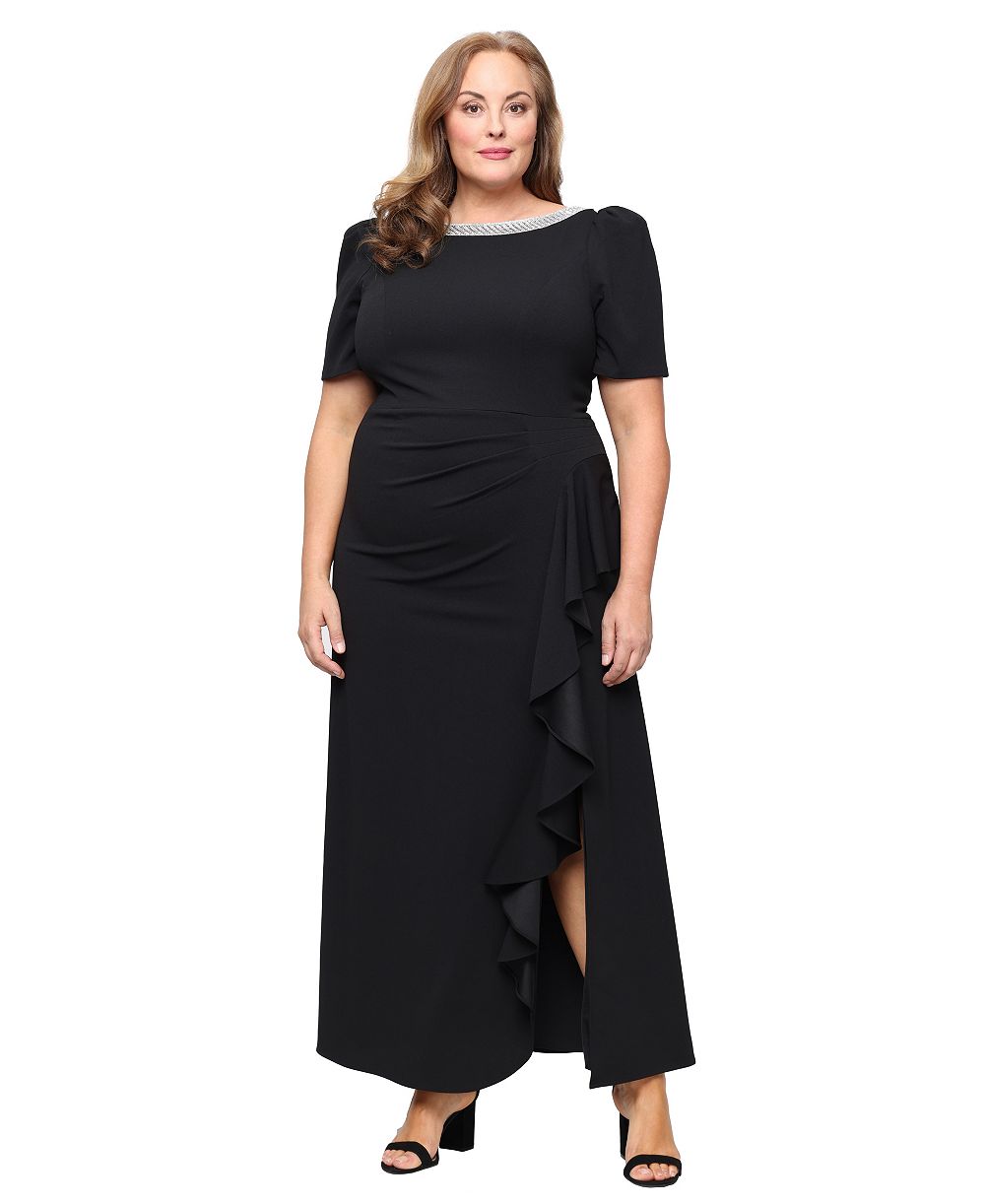 Alex Evenings Plus Size Embellished-Neck Ruffle Gown