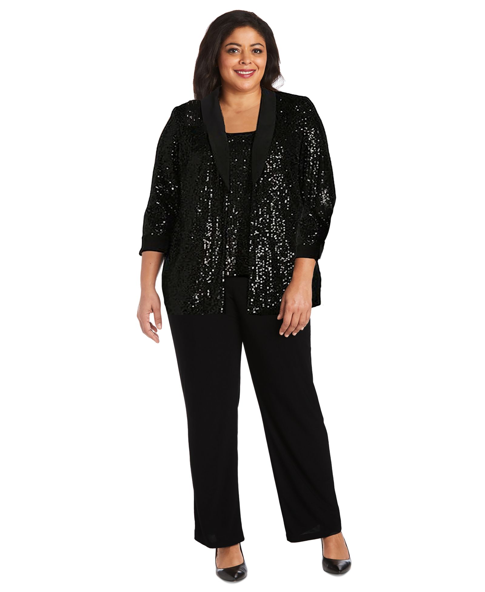 R & M Richards Plus Size Sequined Sleeveless Top, Open-Front Jacket & Pants Set