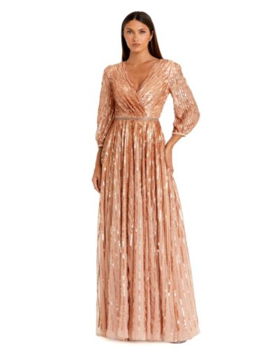 Mac Duggal Women's Sequined Wrap Over 3/4 Sleeve Gown