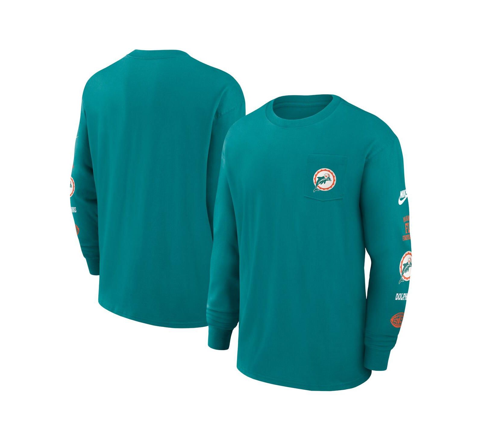 Nike Men's Aqua Miami Dolphins Rewind Heavy Max 90 Pocket Long Sleeve T-Shirt