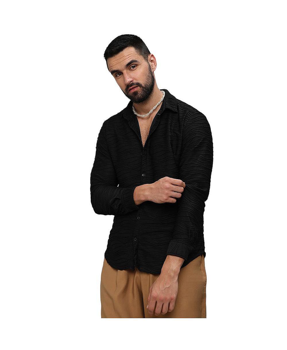Campus Sutra Men's Midnight Black Self-Design Wave Shirt