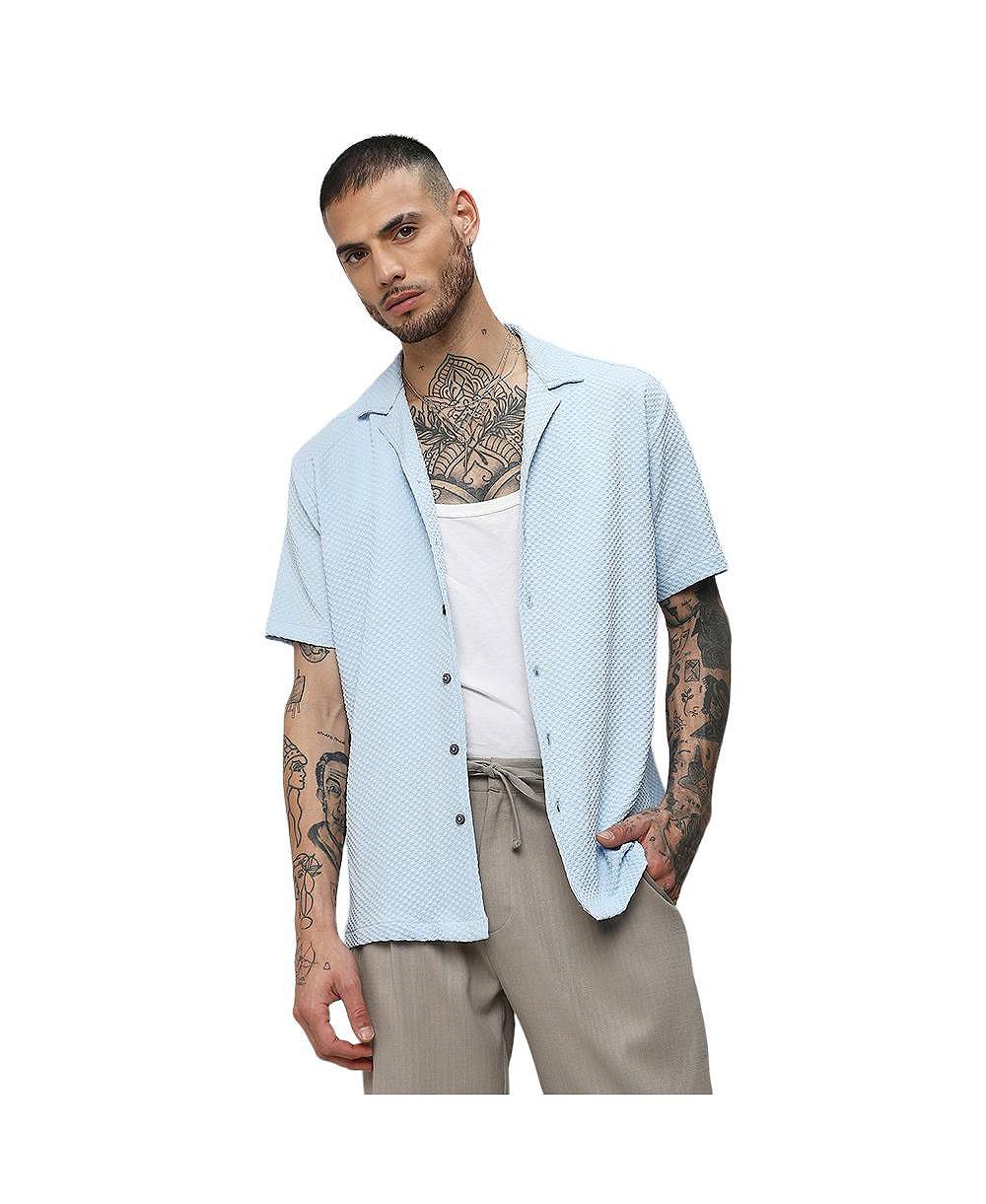 Cahoot Men's Campus Sutra Light Blue Self-Design Block Shirt