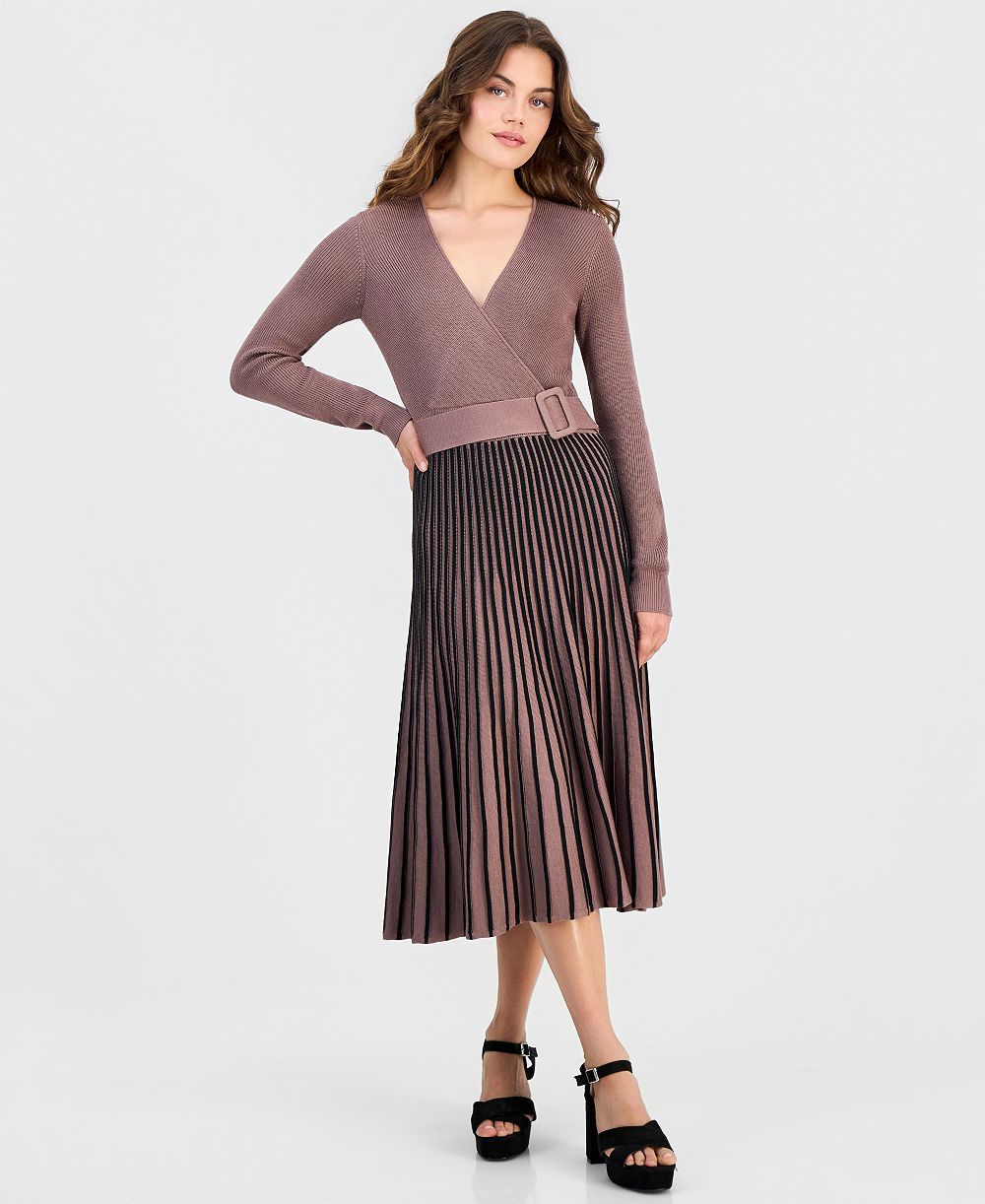Robbie Bee Petite Two-Tone Belted Sweater Dress