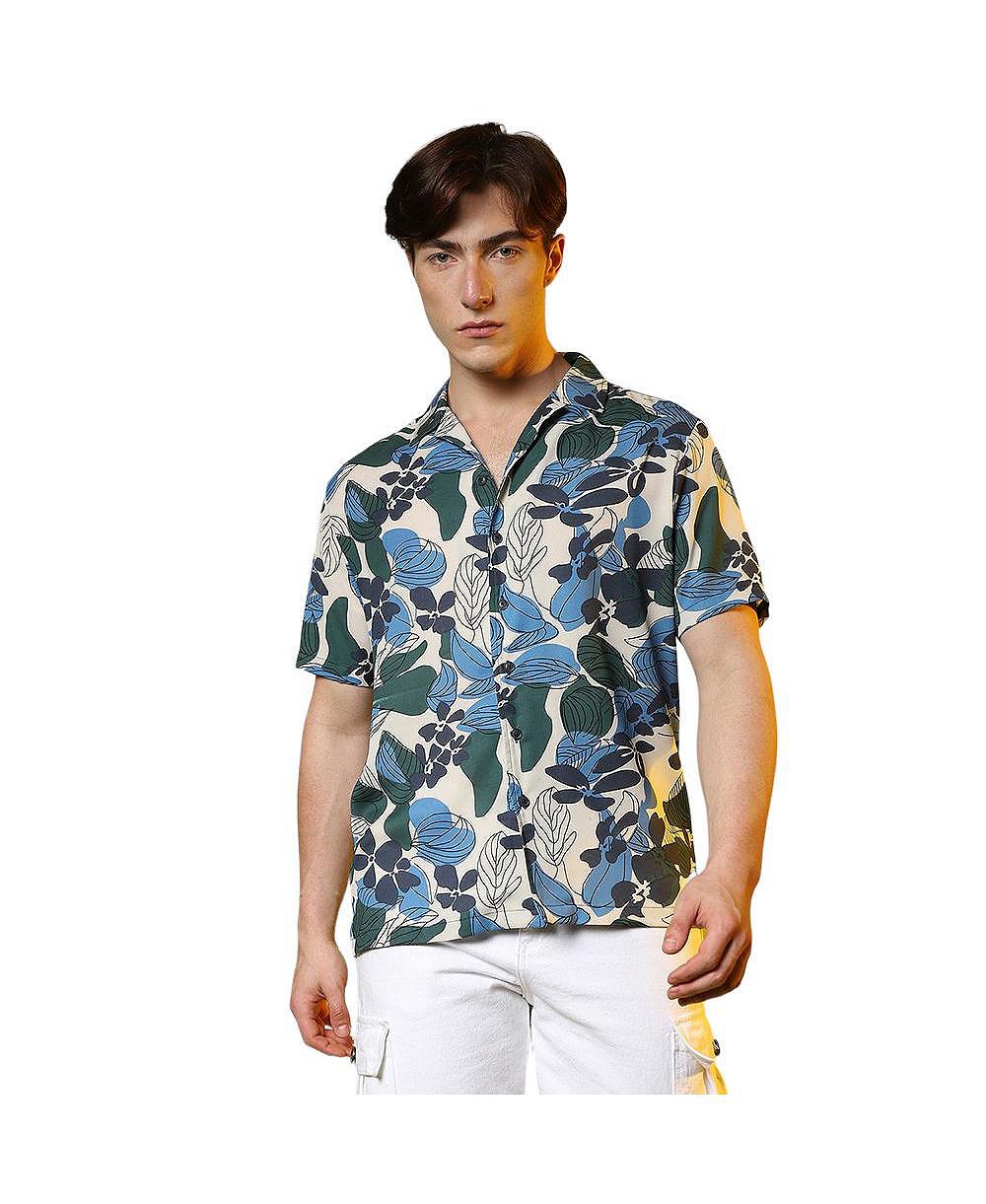 Campus Sutra Men's Azure Blue & Forest Green Floral Abstract Shirt