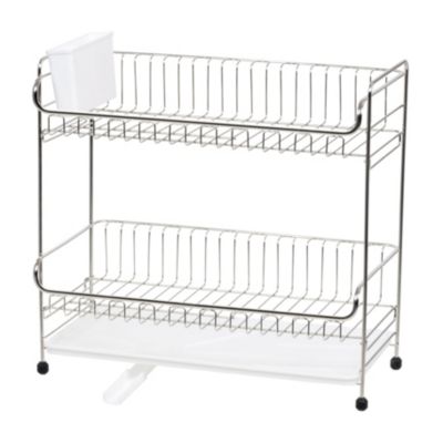 IRIS 2 Tier Slim-sized Dish Rack with Drain Spout, Dish drying rack, dish drainer, White