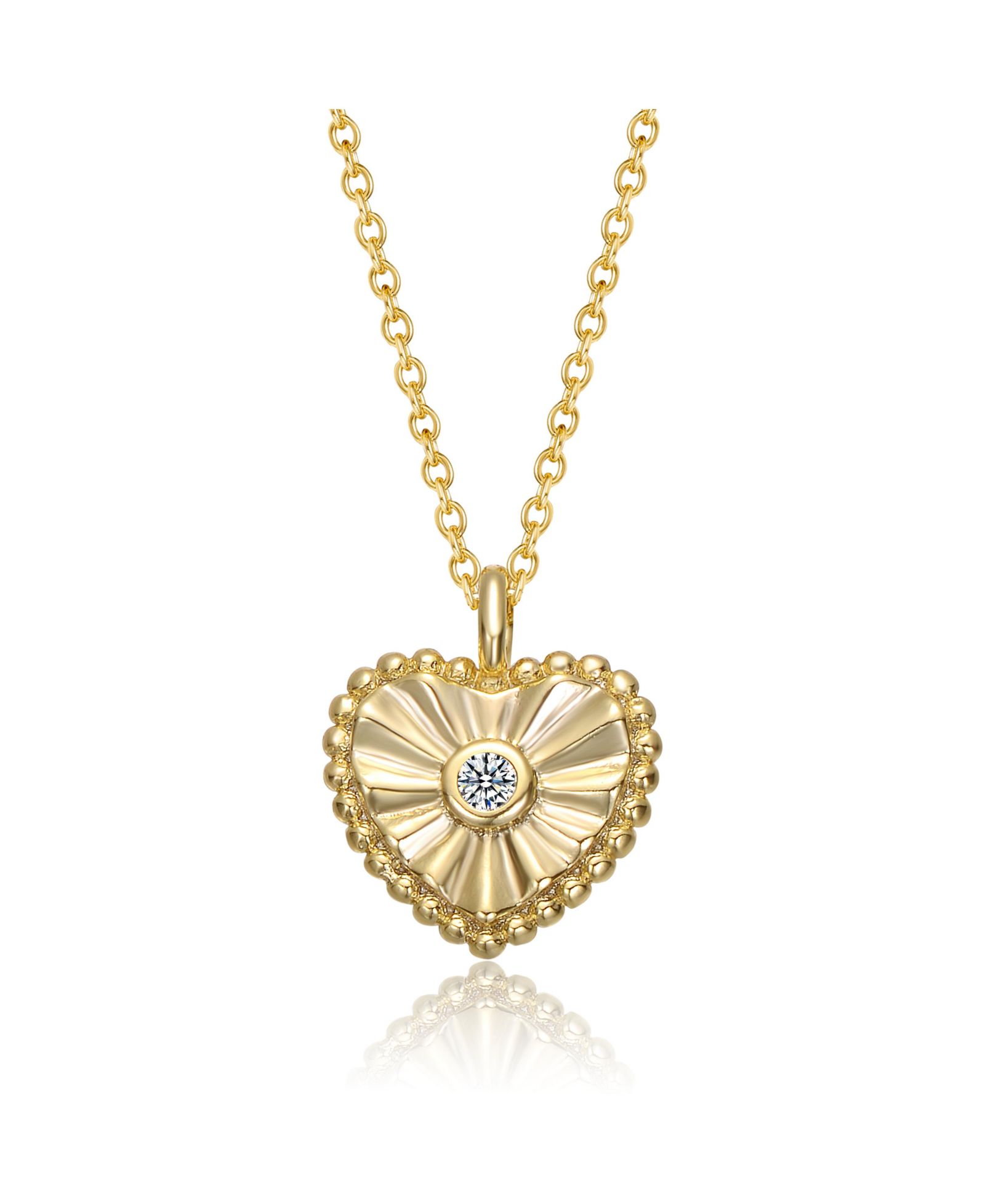 Sterling Silver 14k Gold Plated Cubic Zirconia Textured Heart Pendant Necklace