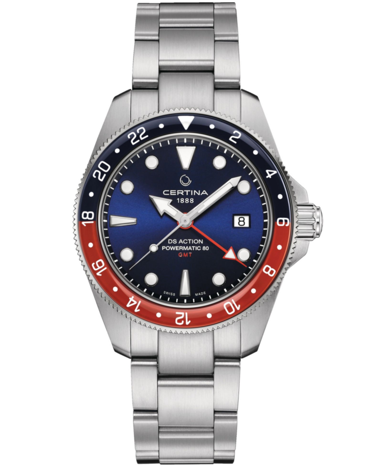 Мужские швейцарские автоматические часы Certina DS Action GMT Powermatic 80 с браслетом из нержавеющей стали 41mm