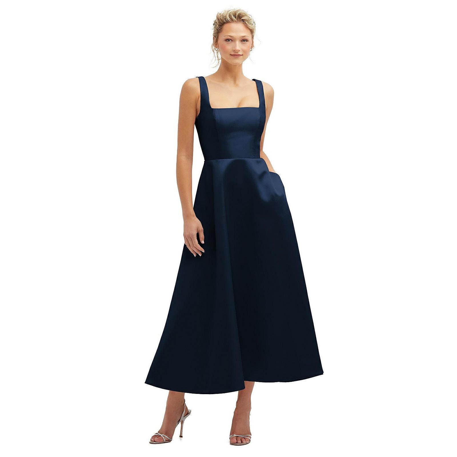 Dessy Collection Женское атласное миди-платье с квадратным вырезом и юбкой в пол