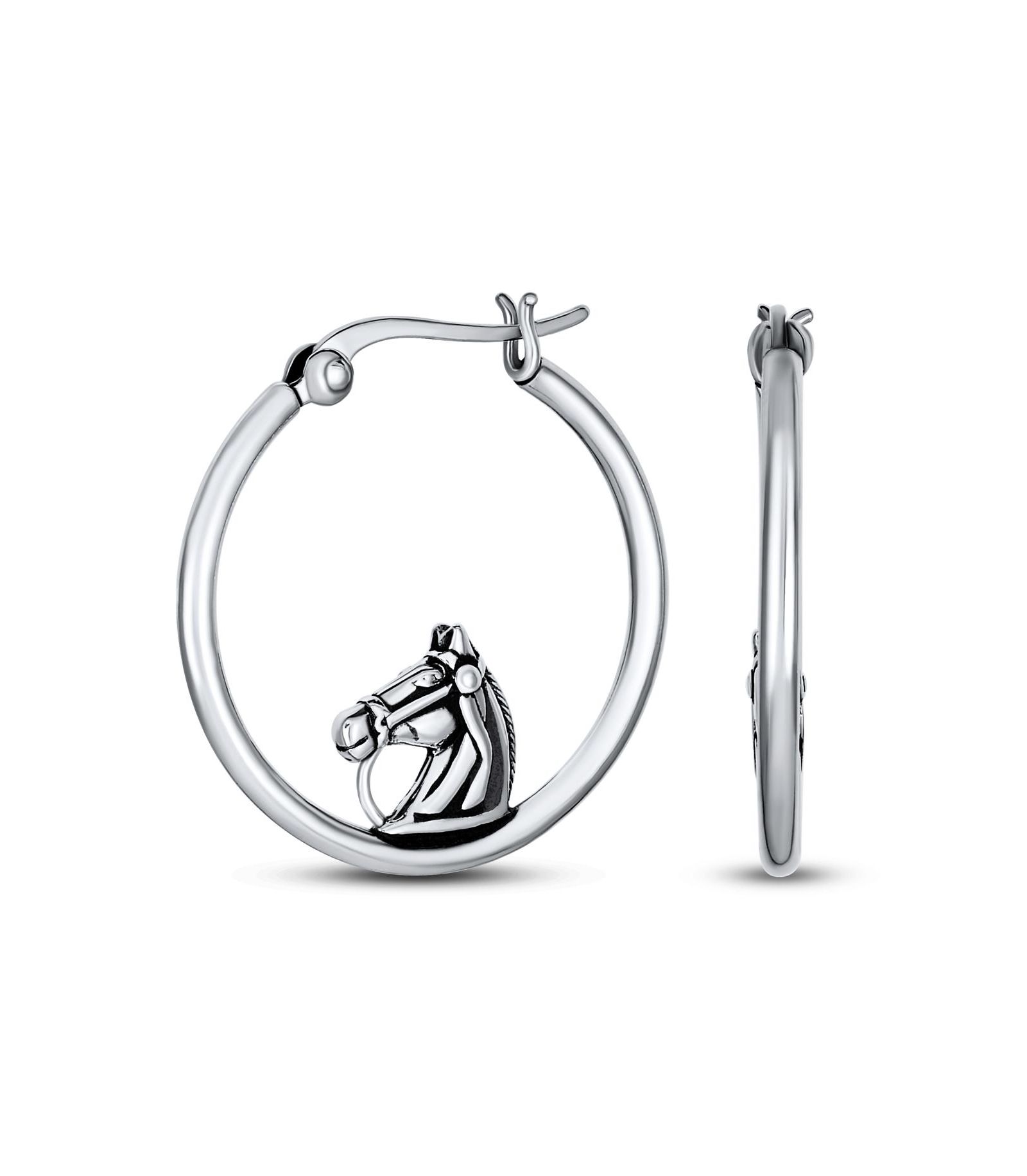 Серьги-кольца Bling Jewelry с крупным дизайном ковбойской лошади, окисленное стерлинговое серебро, диаметр 1.25 дюйма