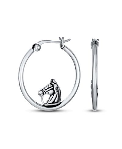 Серьги-кольца Bling Jewelry с крупным дизайном ковбойской лошади, окисленное стерлинговое серебро, диаметр 1.25 дюйма