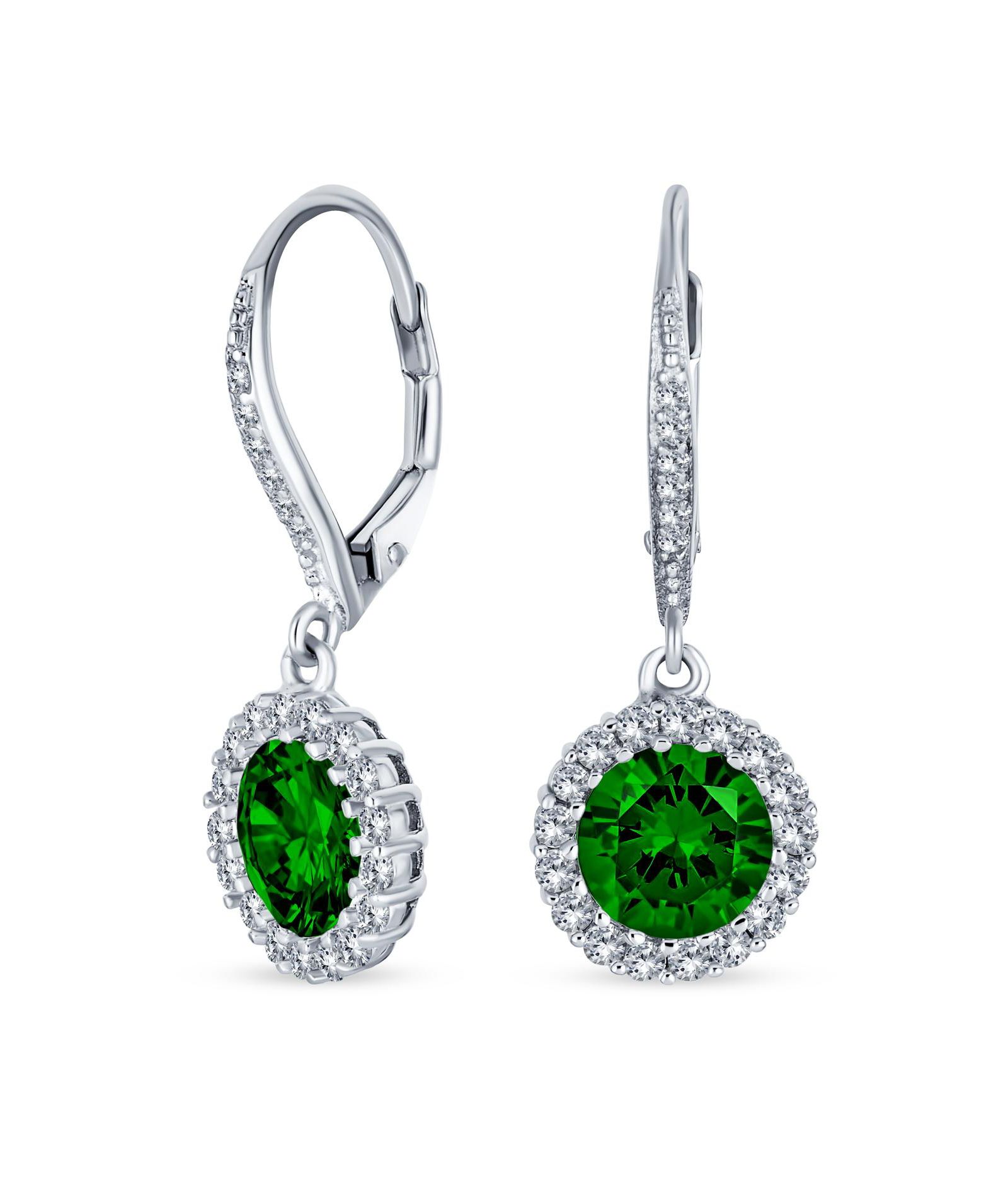 Bling Jewelry Emerald Cubic Zirconia Sterling Silver Round Halo Drop Earrings