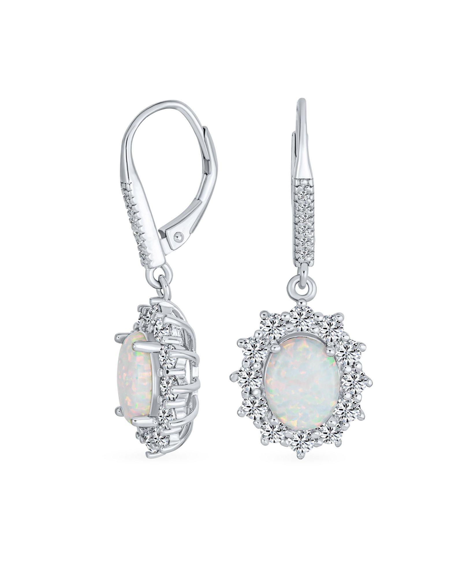 Bling Jewelry Created White Opal Oval Caz Halo Dangle Earrings Sterling Silver Leverback