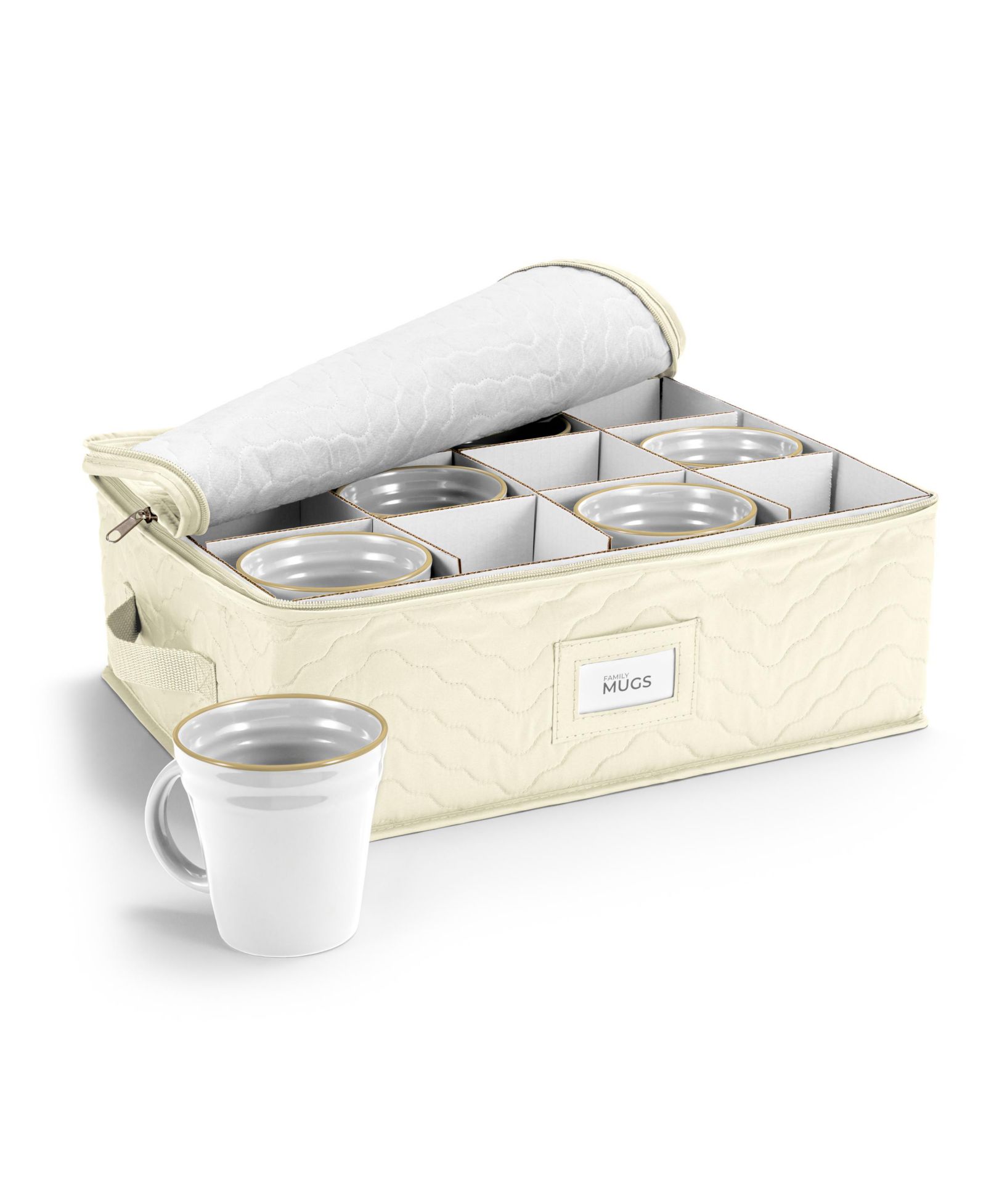 Sorbus Quilted Coffee Mug Storage Case - Features label windows, handles, and dividers for 12 Mugs/Glassware (Beige)