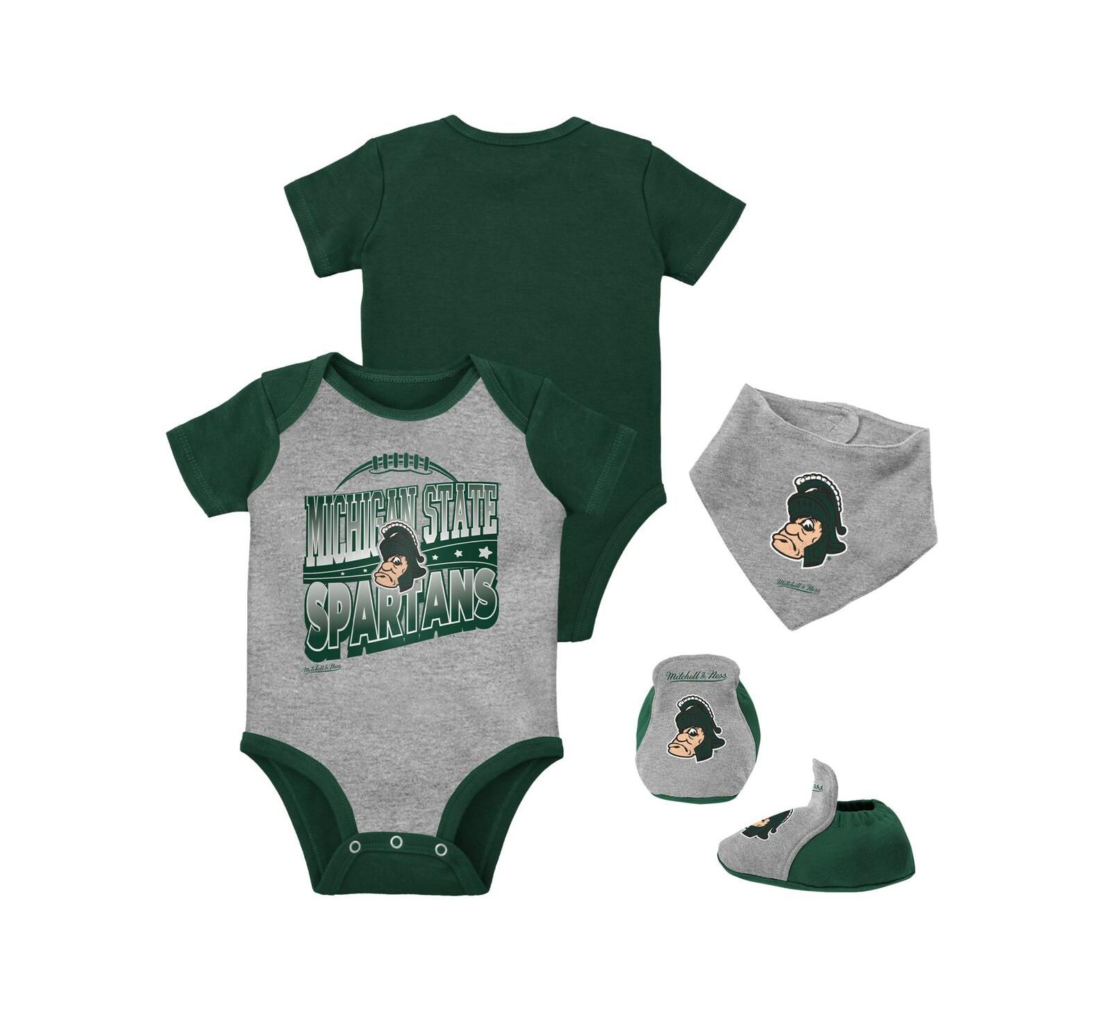 Mitchell & Ness комплект из 3-х боди, нагрудников и пинеток для мальчиков и девочек Green/Heather Gray Michigan State Spartans