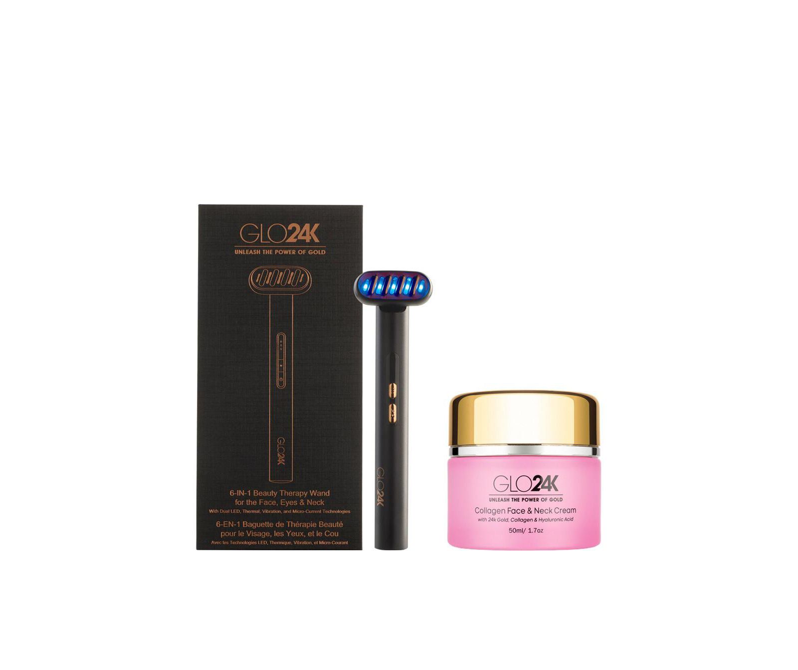 Набор для красоты GLO24K 6-IN-1: аппарат для лица, глаз и шеи и крем с 24K коллагеном