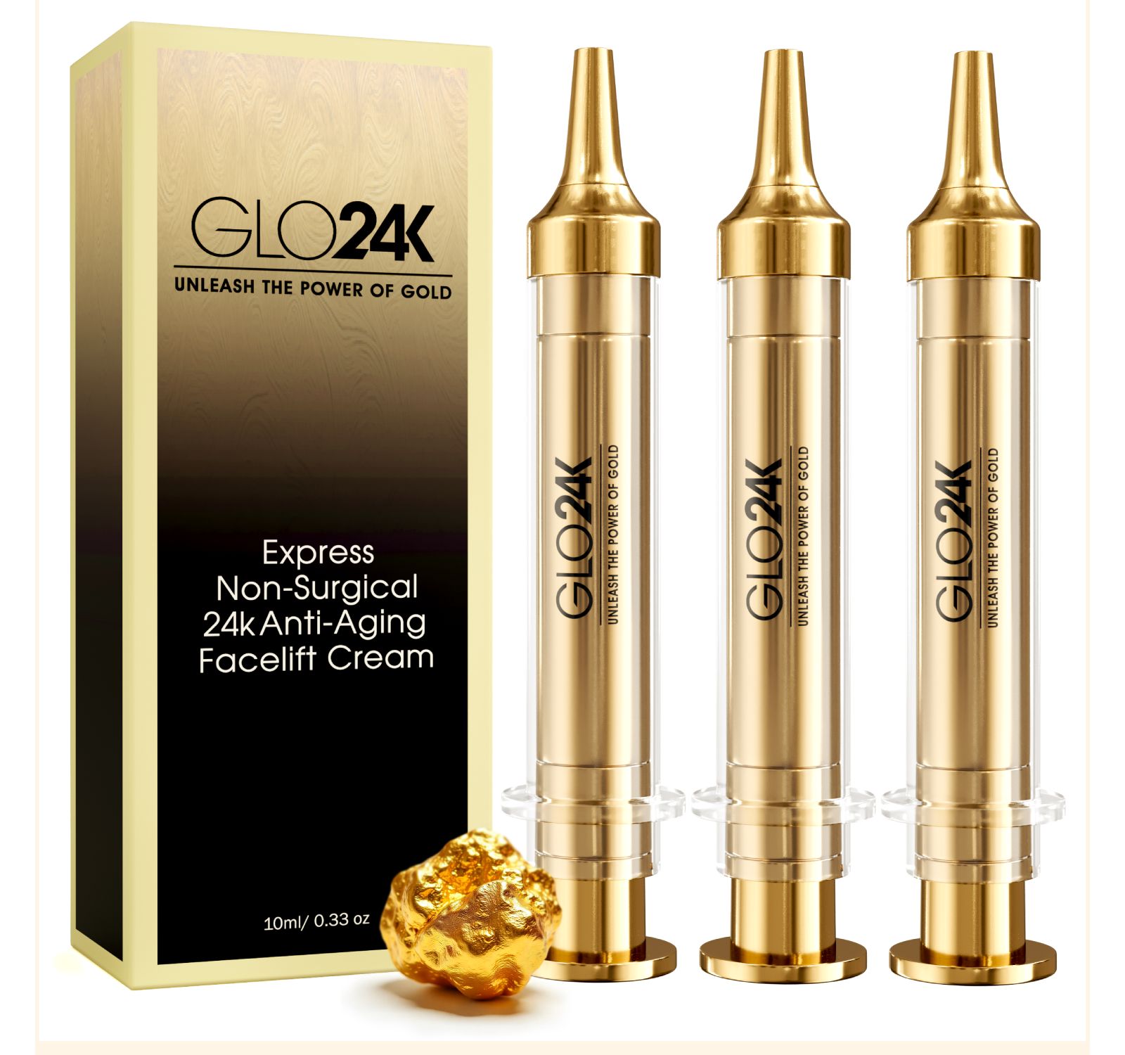 Крем для мгновенного лифтинга GLO24K с 24k Gold, Hyaluronic Acid, Peptides, и Vitamins. Pack of 3