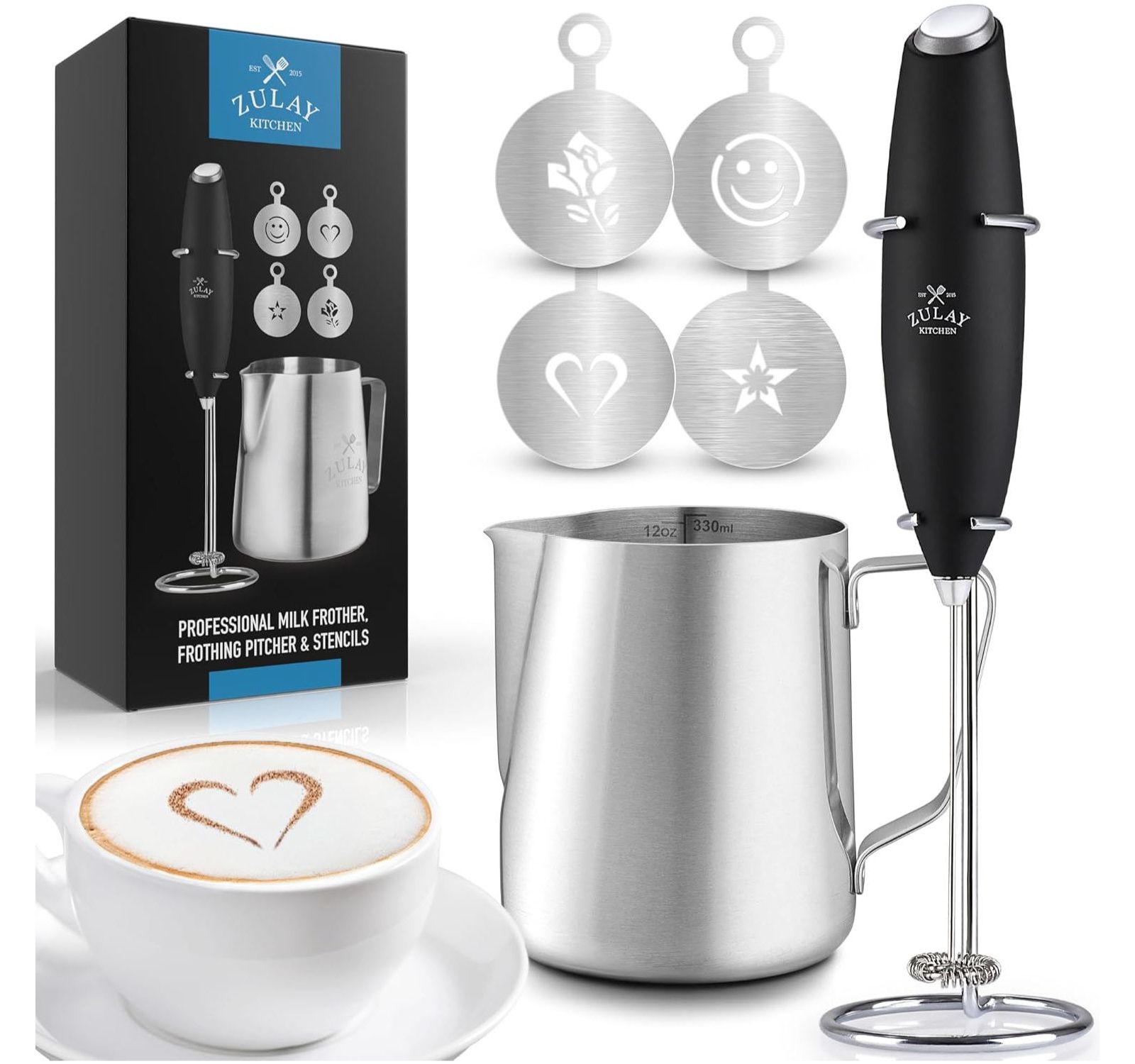 Zulay Kitchen Premium Milk Frother Set Handheld with Pitcher & Stencils