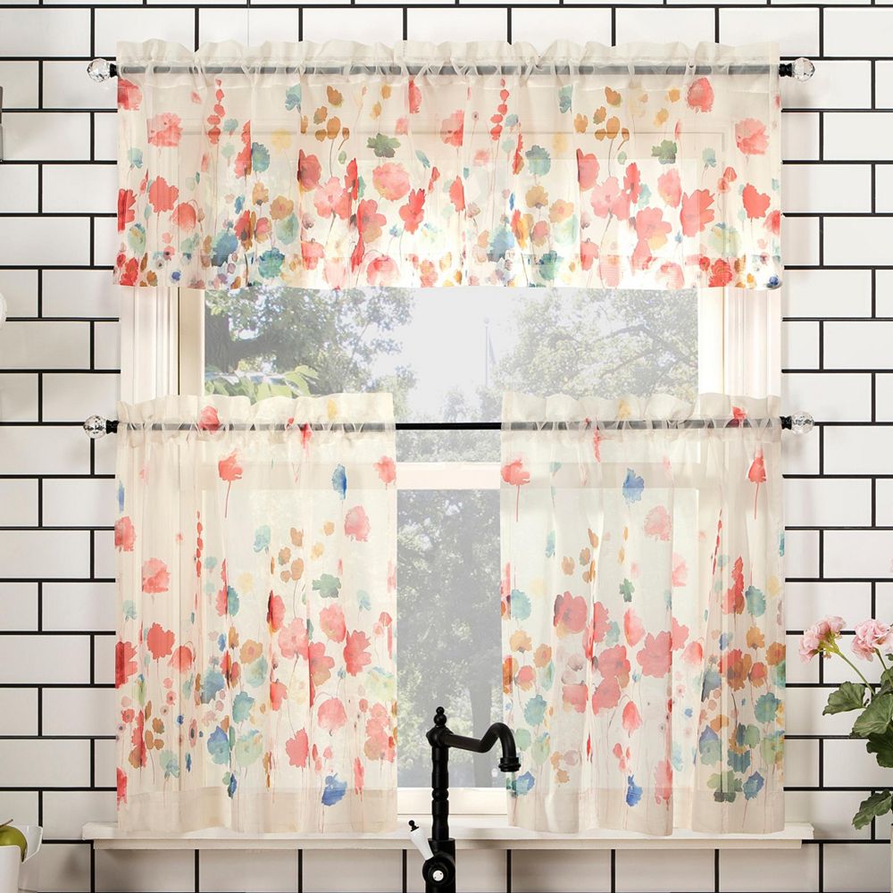 No. 918 Rosalind Watercolor Floral Semi-Sheer Rod Pocket Kitchen Curtain Valance and Tiers Set