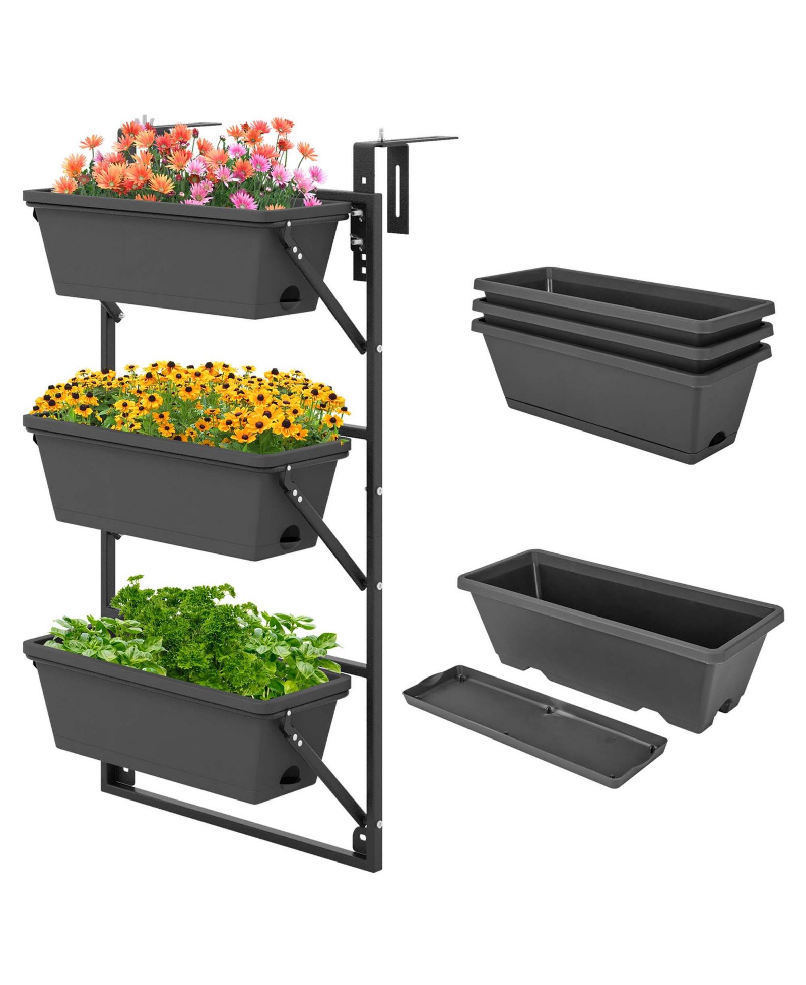 Hanging Vertical Planter with 3 Boxes Detachable Hooks for Flowers