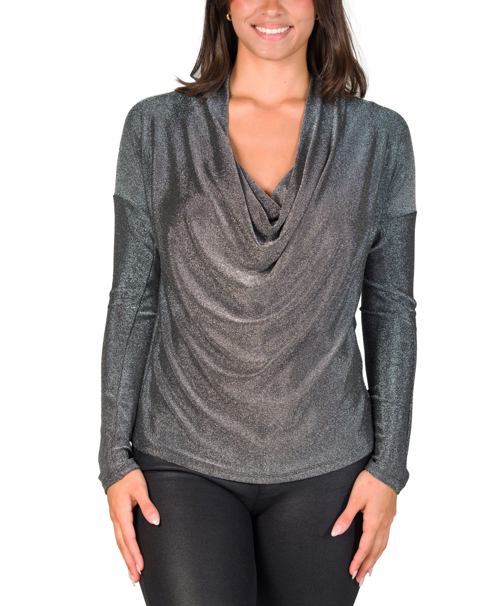 24seven Comfort Apparel Women's Cowl Neck Long Sleeve Shimmery Fabric Top