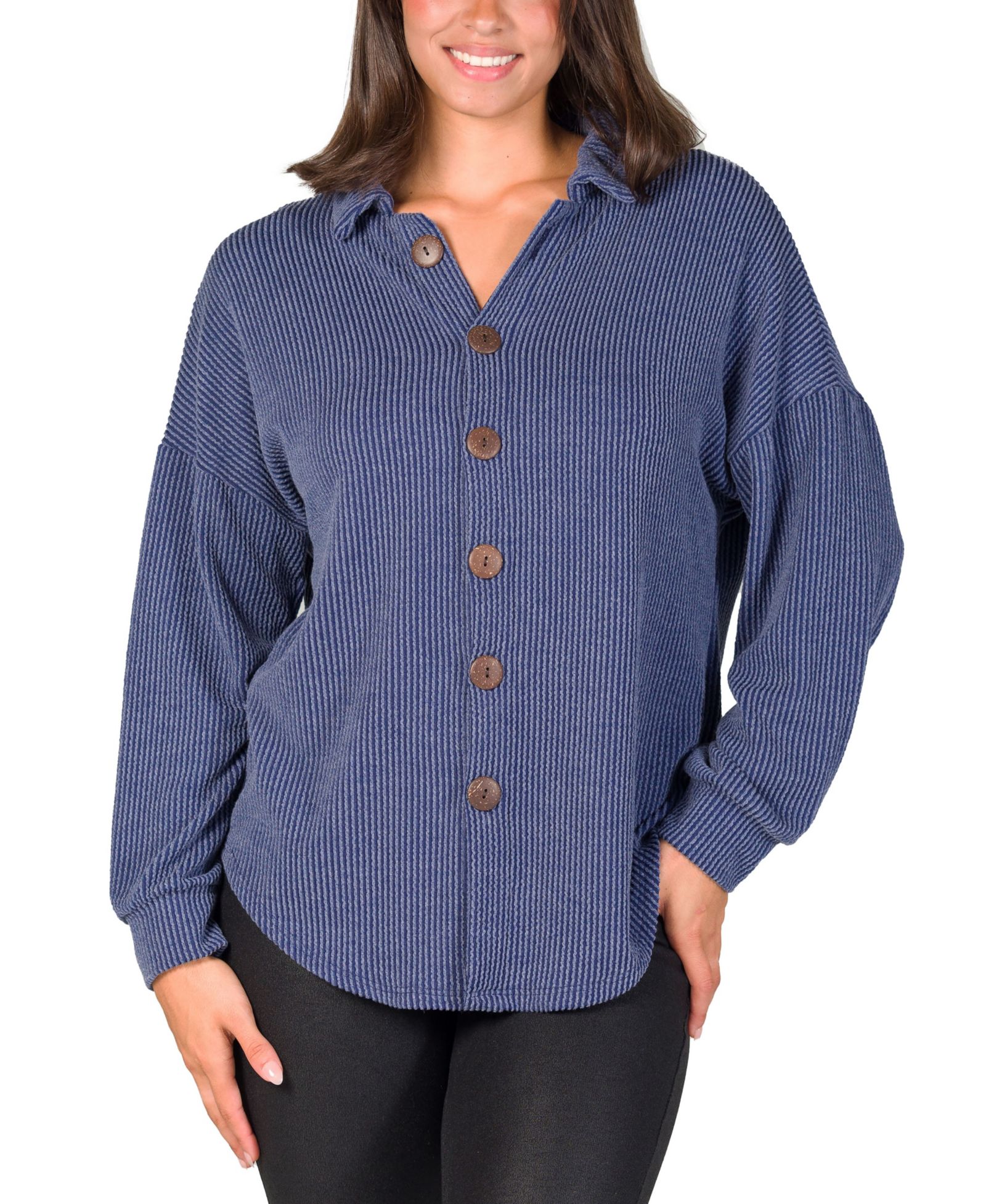 24seven Comfort Apparel Women's Ribbed Button Up Long Sleeve Collared Shirt Jacket