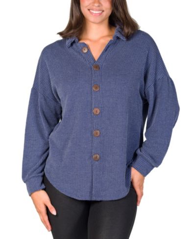 24seven Comfort Apparel Женская рубашка-жакет с воротником и длинным рукавом из ребристого трикотажа