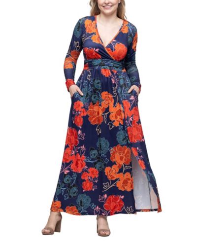 Женское платье макси 24seven Comfort Apparel Navy Floral Print с разрезом по бокам