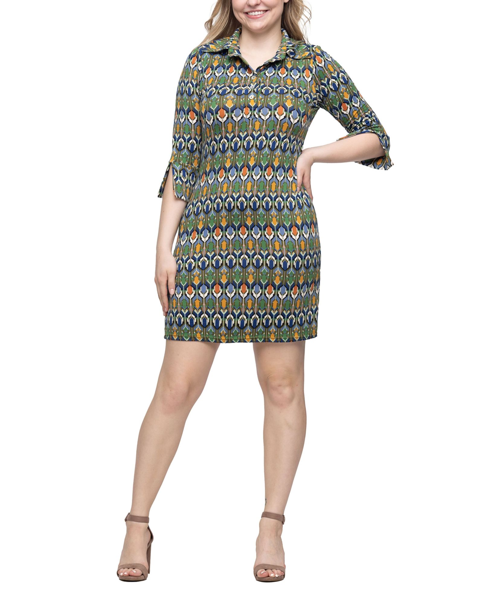 Платье мини 24seven Comfort Apparel Women's Green Print Three Quarter Sleeve