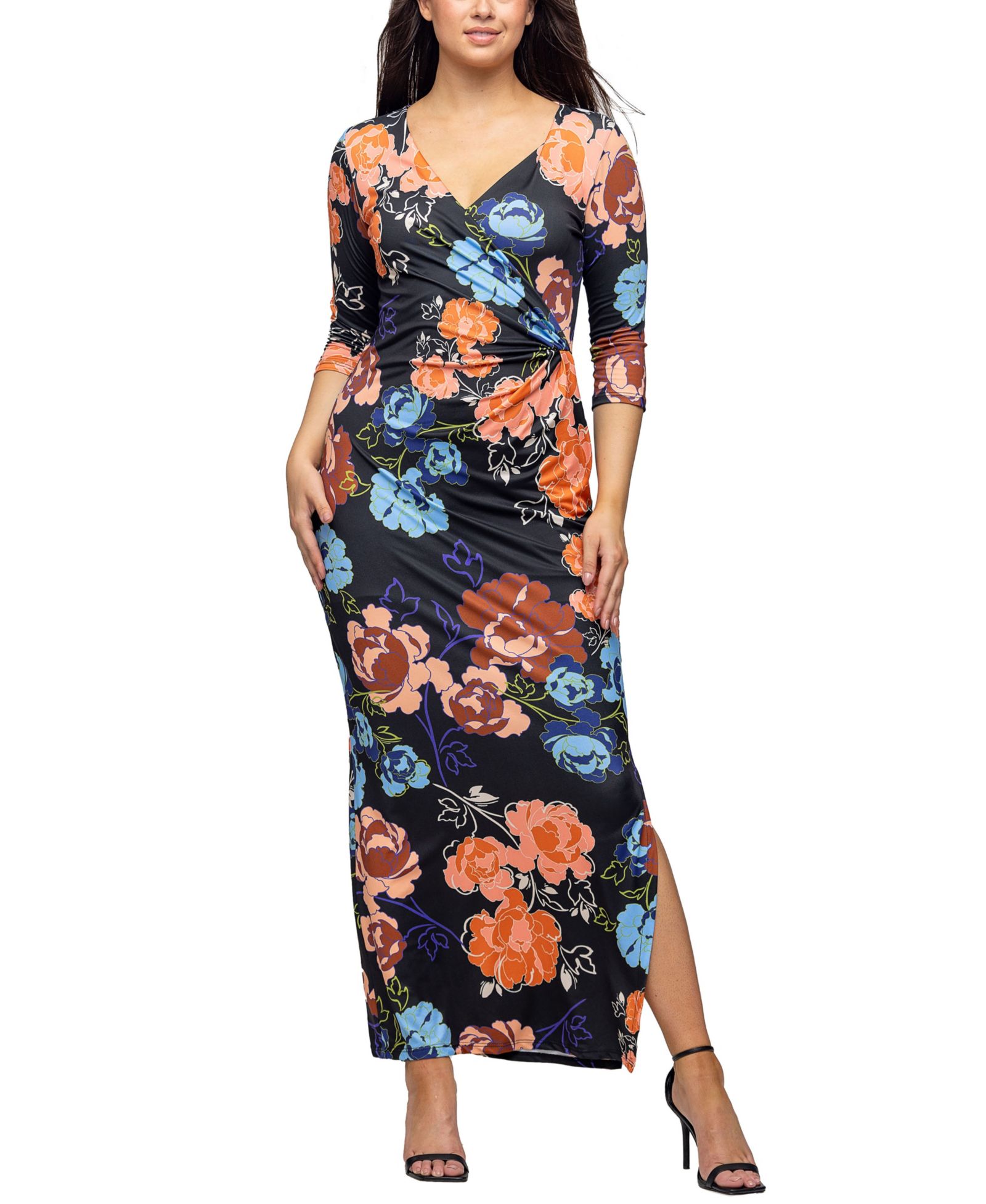 24seven Comfort Apparel Женский Black Floral Side Slit Maxi Dress