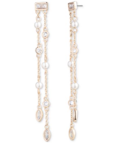 Emily in Paris Gold-Tone Cubic Zirconia & Imitation Pearl Double-Row Linear Drop Earrings