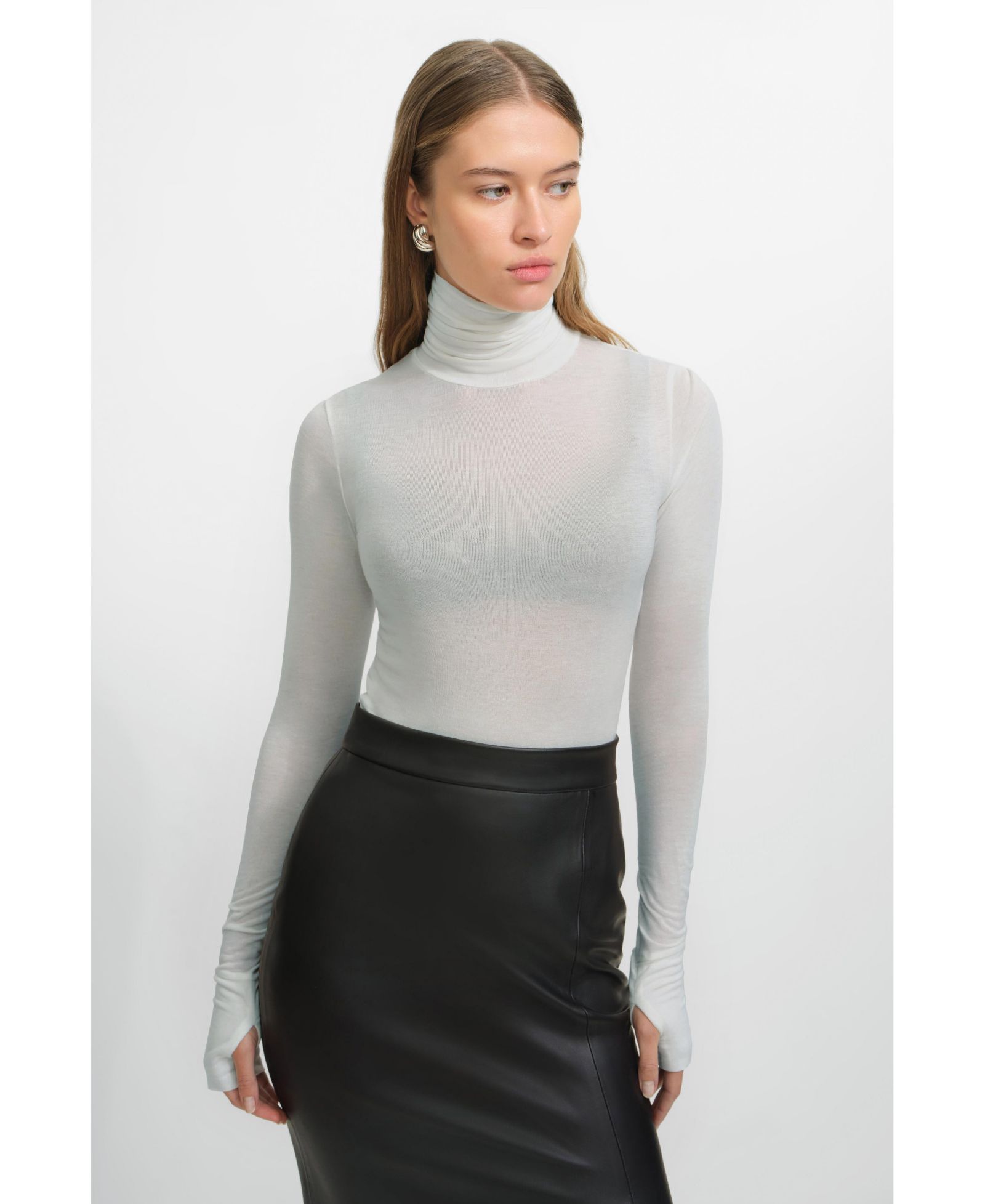 Marcella Women's Eloise Extra-Long Sheer Jersey Fitted Turtleneck with Thumbholes
