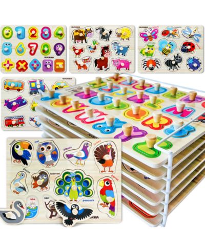 Quokka Alphabet, Numbers, Animals Wooden Puzzles, 6-Puzzle Set, Ages 1+