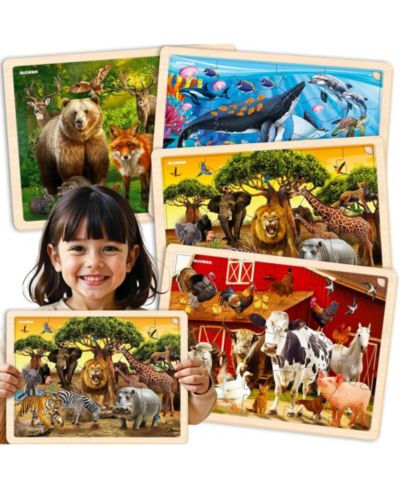 Quokka Montessori Animal-Themed Large-Piece Wooden Jigsaw Puzzles, 4-Puzzle Set, Ages 3-5