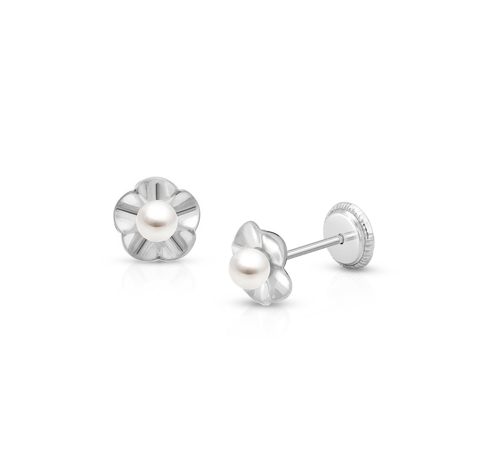 Tiny Blessings 14K Gold Ruffled Petals with Pearl Stud Screw Back Earrings