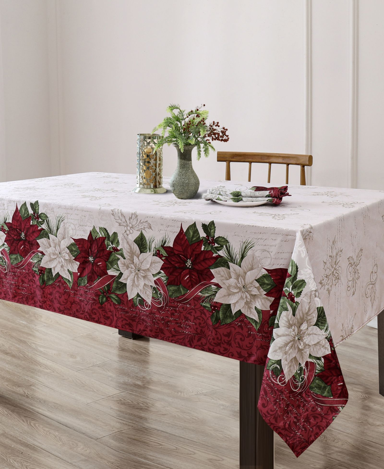 Праздничная прямоугольная скатерть Elrene Clarette Poinsettia Fabric, 120"x 60"