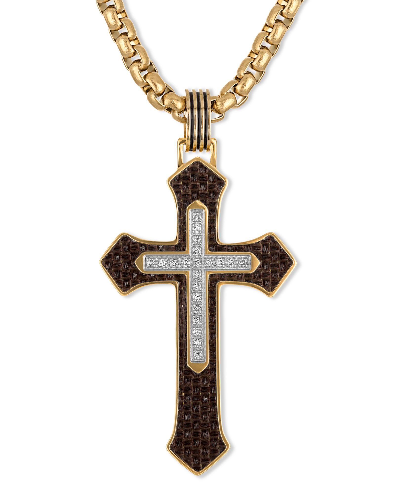 Мужская подвеска-кулон Esquire Men's Jewelry Diamond & Brown Carbon Fiber Cross в Gold-Tone Stainless Steel, 22"