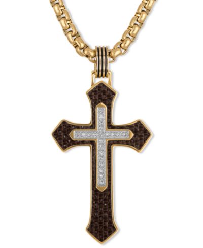 Мужская подвеска-кулон Esquire Men's Jewelry Diamond & Brown Carbon Fiber Cross в Gold-Tone Stainless Steel, 22"
