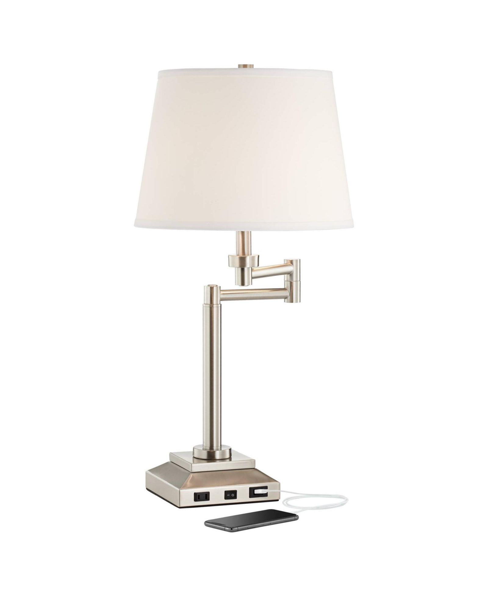 360 Lighting Camber Modern Desk Table Lamp 29" Tall Brushed Steel with USB and AC Power Outlet in Base Swing Arm Linen Shade for Bedroom Living Room