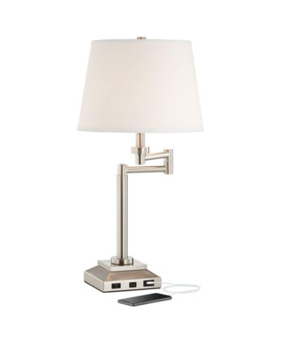 360 Lighting Camber Modern Desk Table Lamp 29" Tall Brushed Steel with USB and AC Power Outlet in Base Swing Arm Linen Shade for Bedroom Living Room