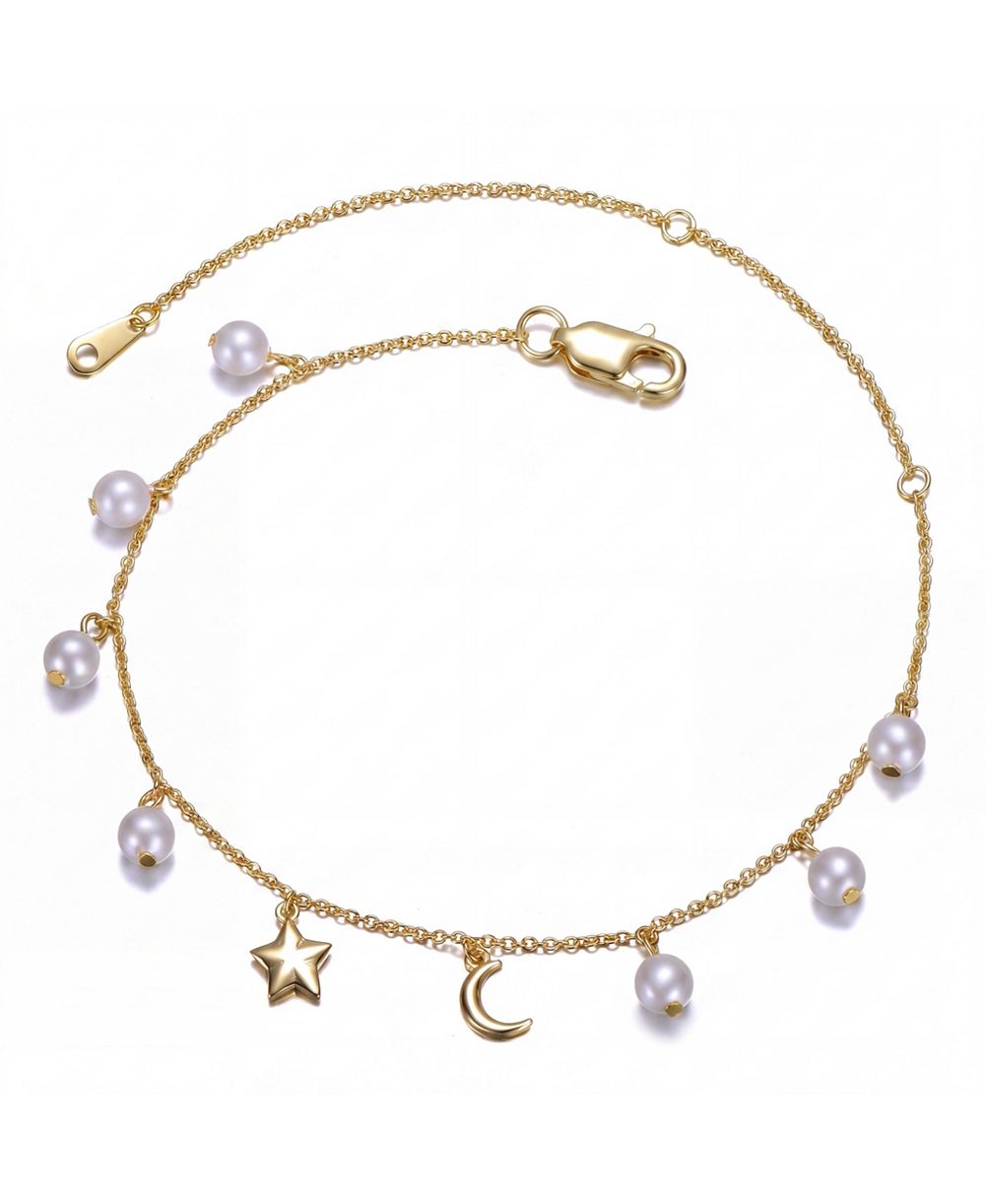 Sterling Silver 14k Gold Plated Anklet with White Pearls and Charms