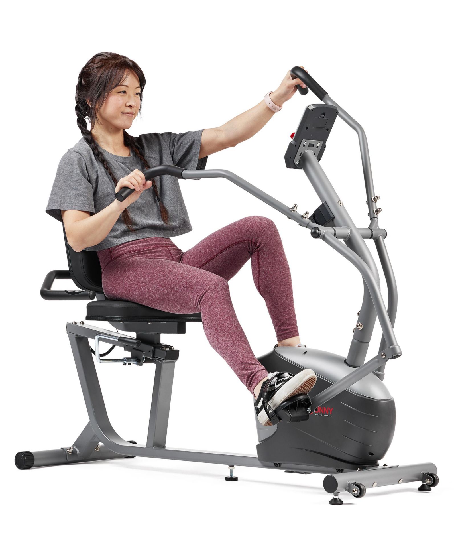 Умный горизонтальный велотренажер Sunny Health & Fitness с двойным рычажным тренажером и отслеживанием показателей через Bluetooth в приложении SunnyFit
